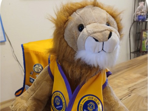 Cubby, the club’s stuffed lion, wearing an Ocala Lions vest