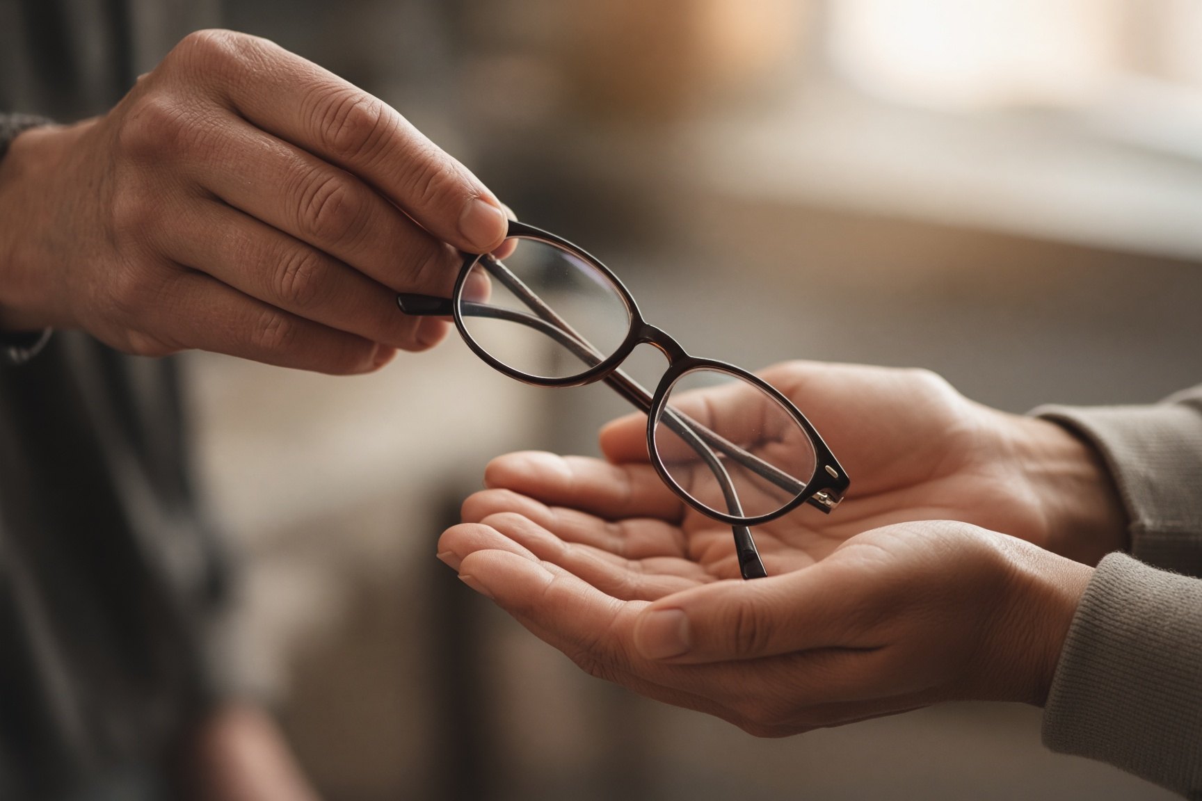 One person placing eyeglasses into another’s hands